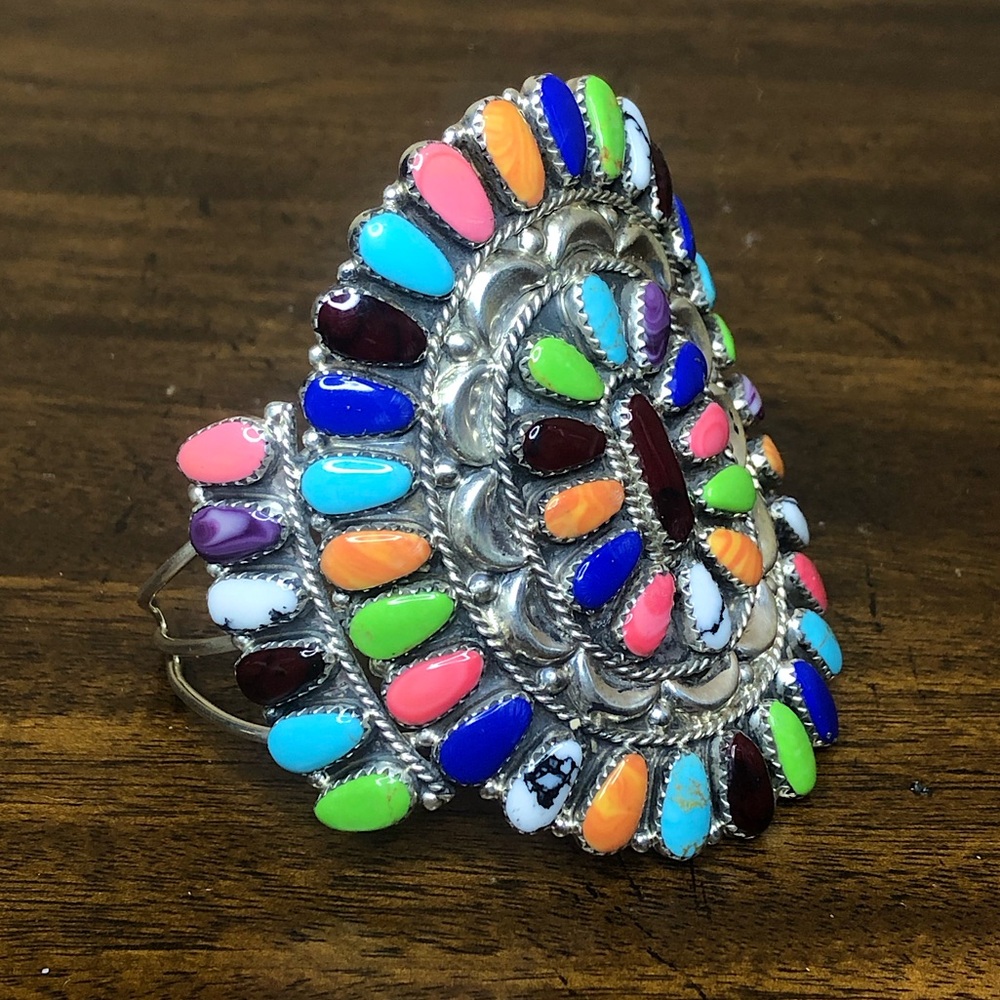 NAVAJO Native American Sterling Silver Multi Gemstone Petit Point Cuff